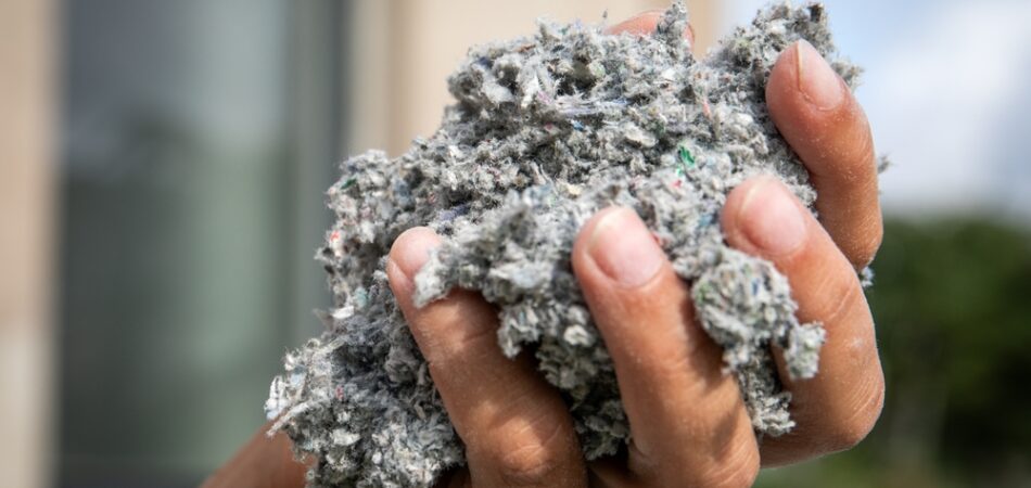 Cellulose,insulation,for,walls,and,floors,in,hand.,recycled,newsprint.