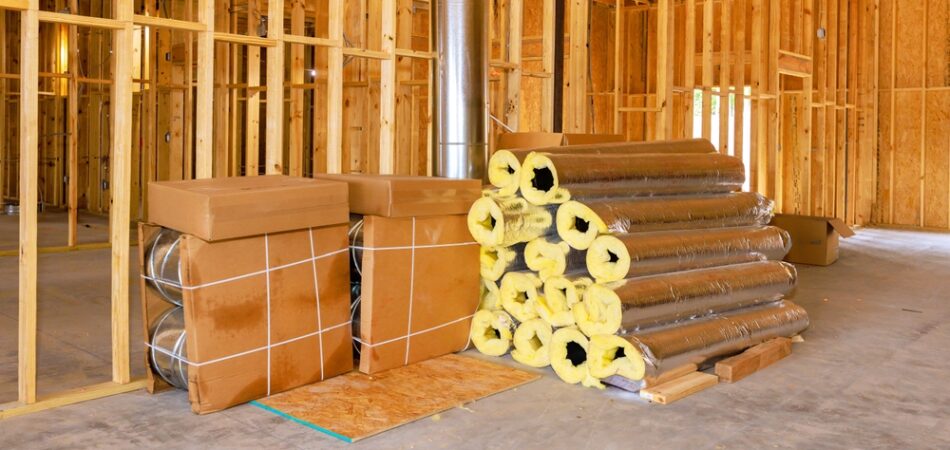 Unfinished,space,features,stacked,insulation,rolls,,awaiting,installation,in,residential